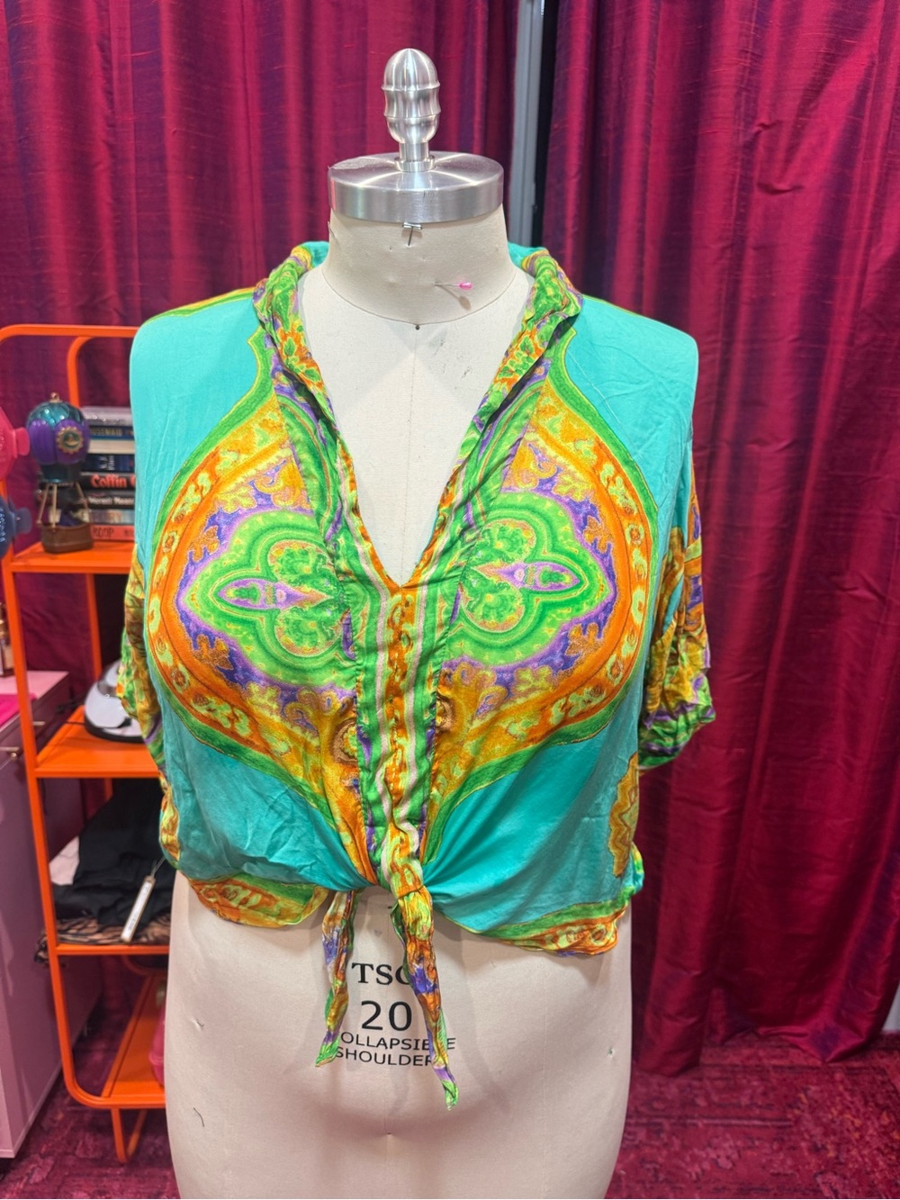 Zara Turquoise Green & Gold Paisley Tie-Front Blouse